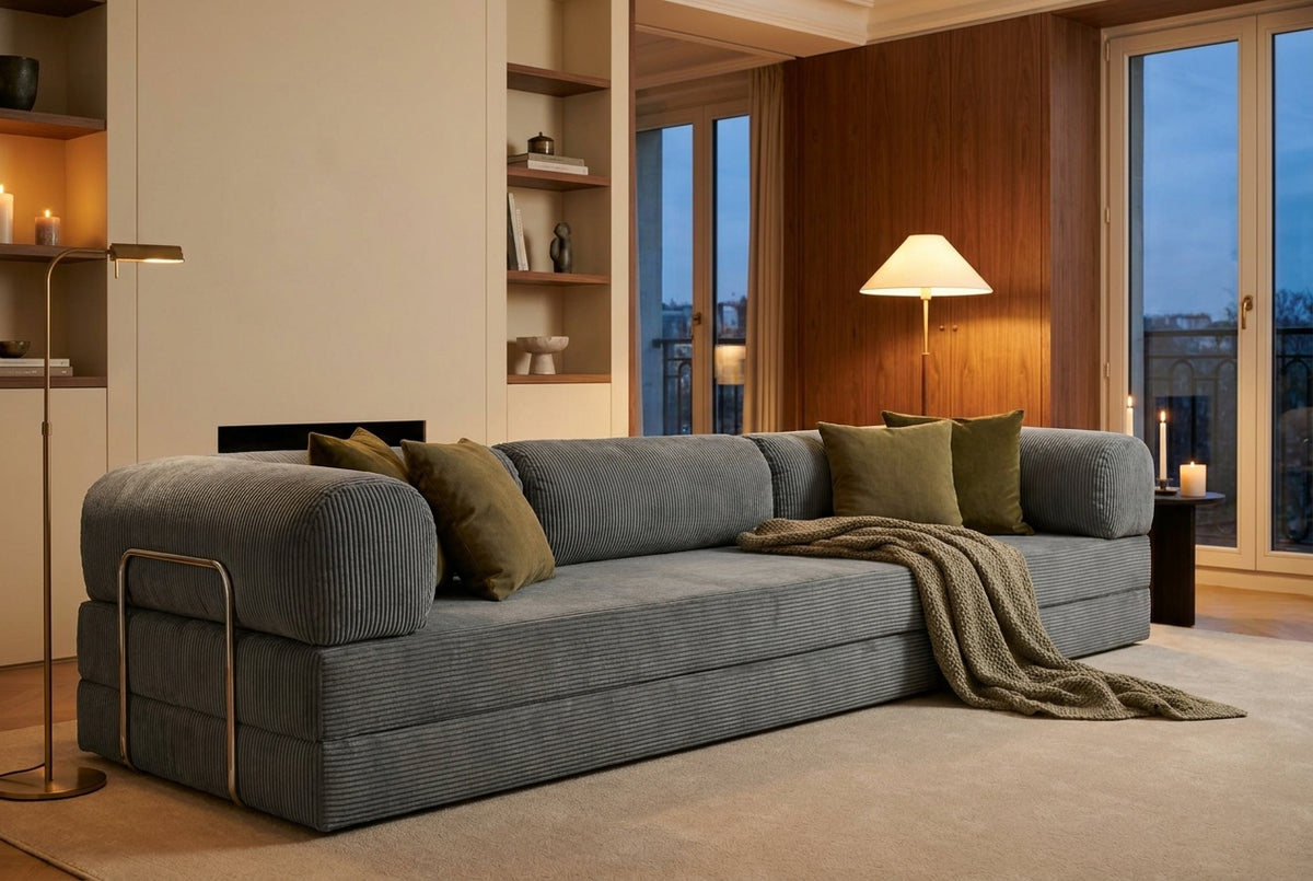 NORA GRAND · Grand canapé droit convertible velours côtelé · Gris