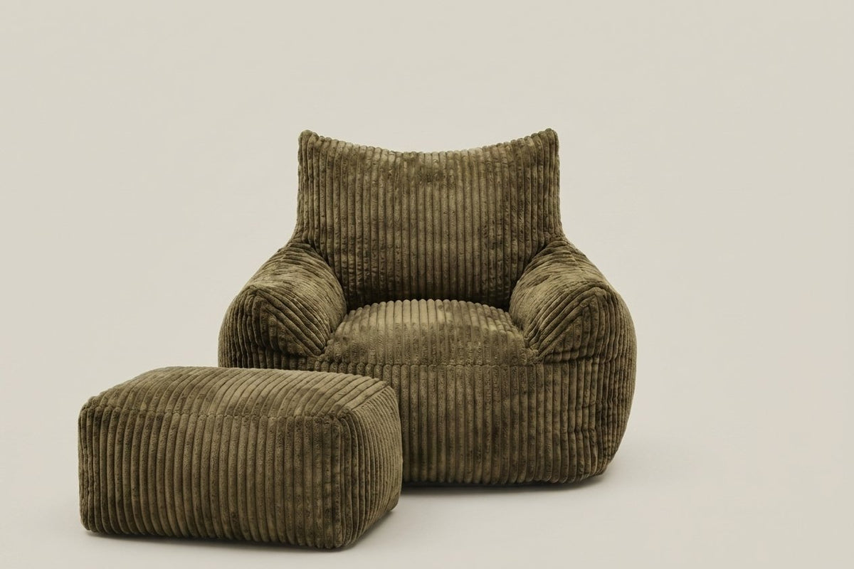 Pola, fauteuil pouf en velours côtelé avec ottoman, coloris kaki