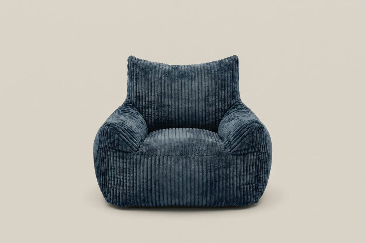 Pola, fauteuil pouf en velours côtelé, coloris bleu nuit