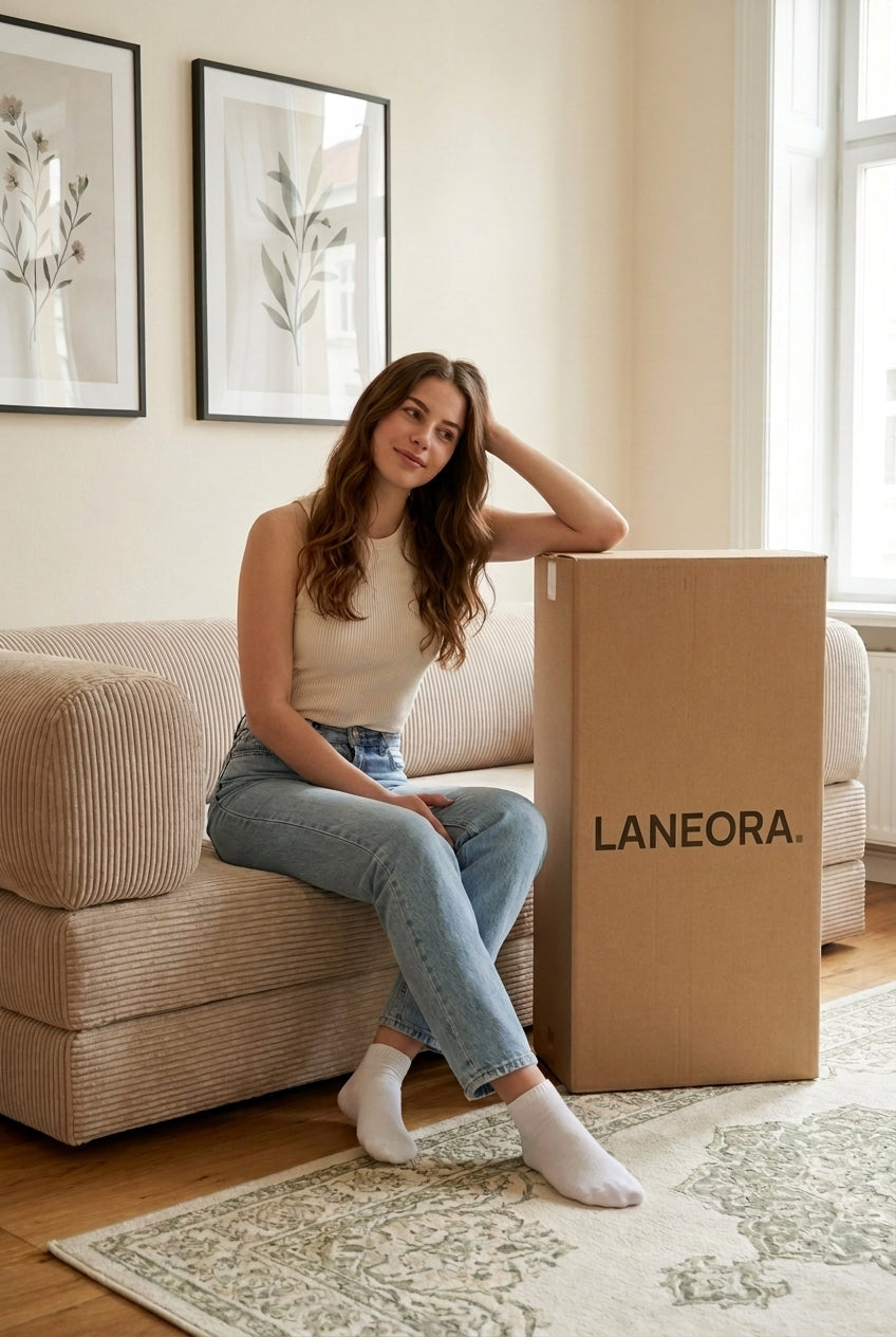 Femme assise sur un canapé Nora à côté du carton de livraison compact LANEORA Image