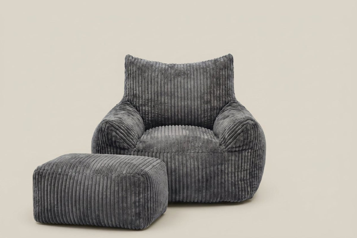 Pola, fauteuil pouf en velours côtelé avec ottoman, coloris gris anthracite