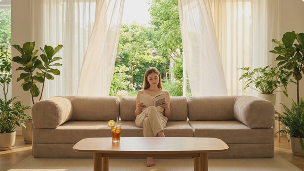 NORA GRAND · Grand canapé droit convertible velours côtelé · Beige