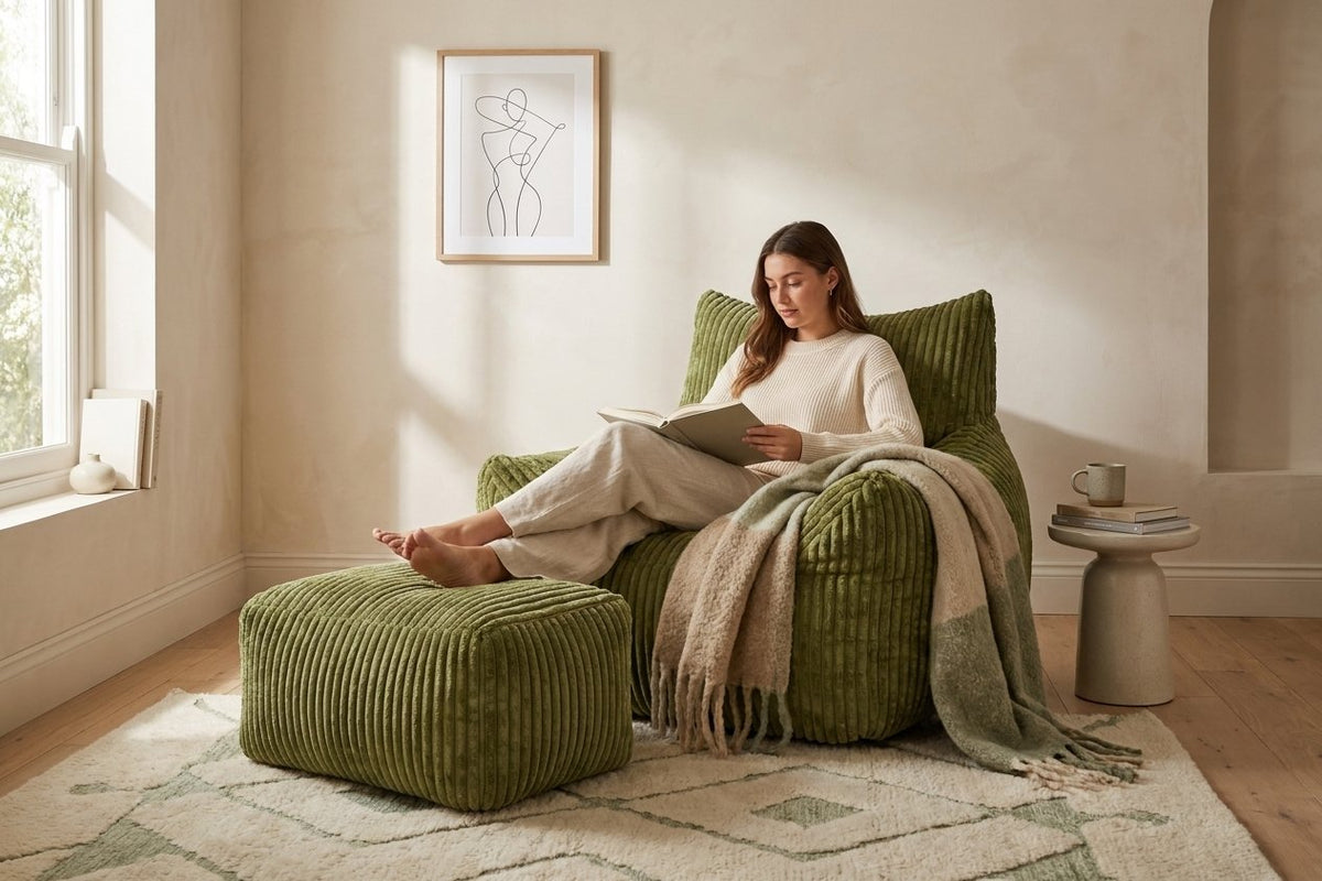 Lecture dans le fauteuil pouf Pola vert amande, pieds sur l'ottoman