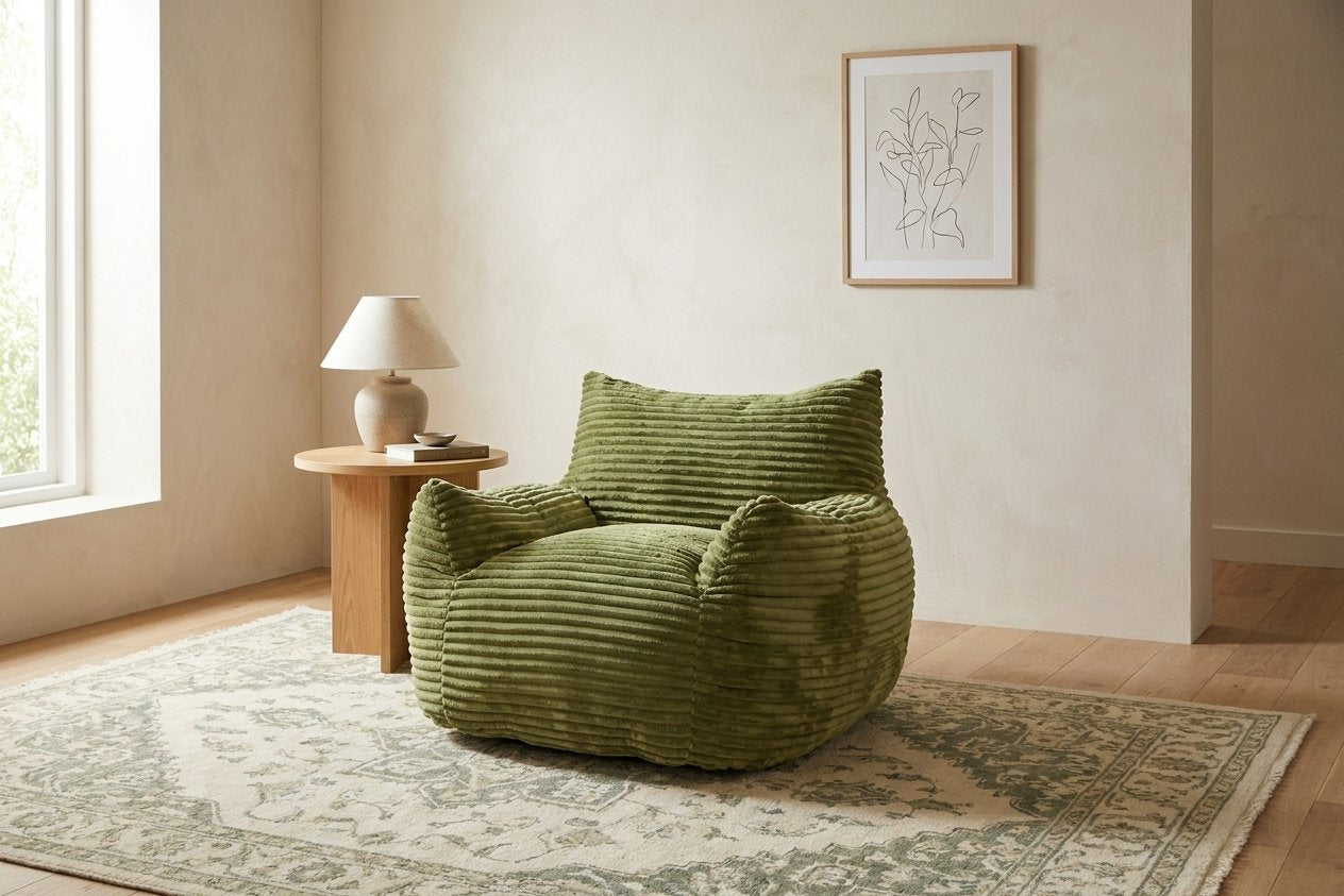 Fauteuil pouf Pola vert amande dans un salon lumineux Image
