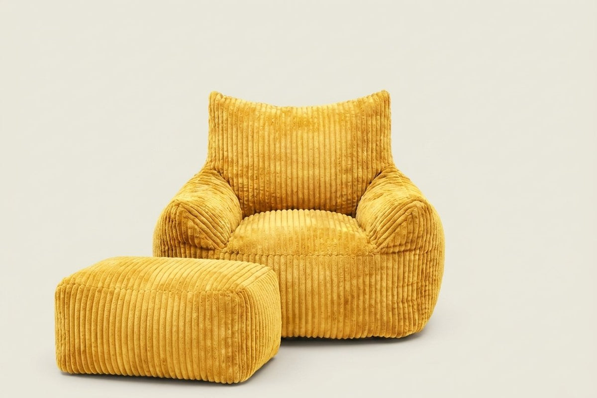 Pola, fauteuil pouf en velours côtelé avec ottoman, coloris moutarde