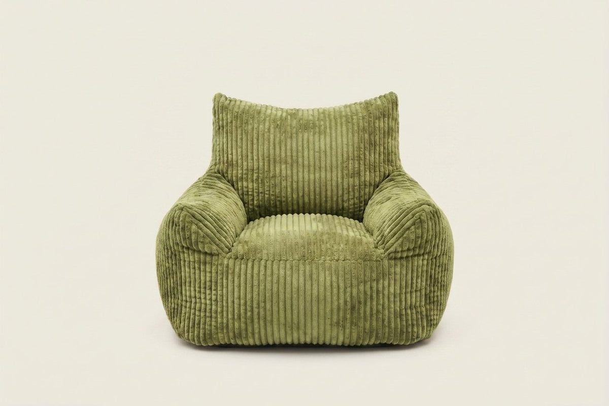 Pola, fauteuil pouf en velours côtelé, coloris vert amande