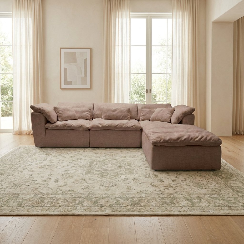 Canapé modulable Vela 4 modules vieux rose dans un salon lumineux