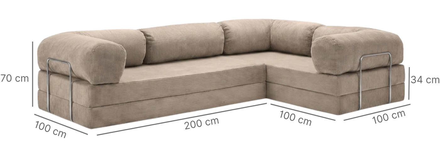 Dimensions NORA ANGLE · Canapé d'angle convertible velours côtelé · Bleu