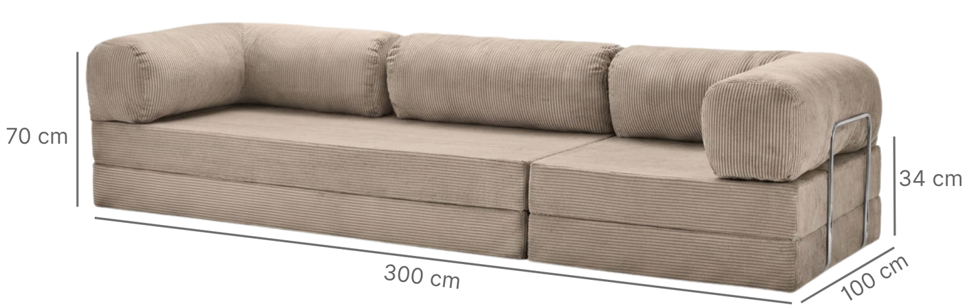 Dimensions NORA GRAND · Grand canapé droit convertible velours côtelé · Vert